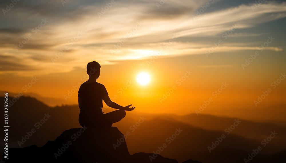 Silhouette of a person meditating on a mountaintop. Silhouette of a person meditating on a mountaintop.
