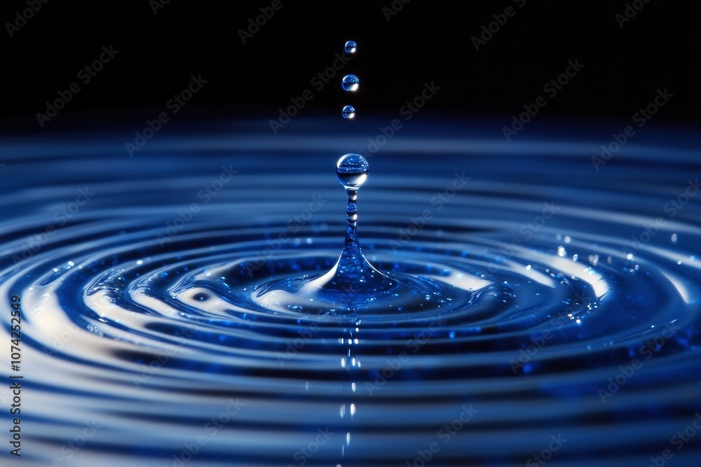 A single water drop creates ripples in a calm body of water, the blue hues reflecting light in a mesmerizing display. A single water drop creates ripples in a calm body of water, the blue hues reflecting light in a mesmerizing display.