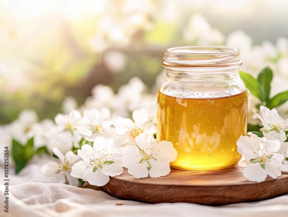 A jar of honey surrounded by delicate white flowers. A jar of honey surrounded by delicate white flowers.