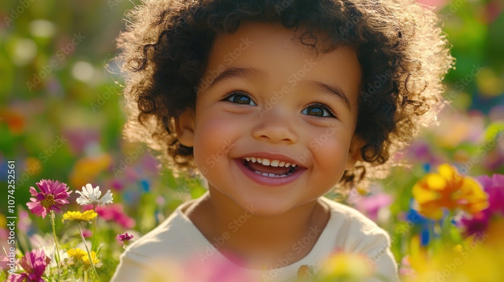 A Happy Toddler Girl Surrounded by a Field of Brightly Colored Flowers A Happy Toddler Girl Surrounded by a Field of Brightly Colored Flowers