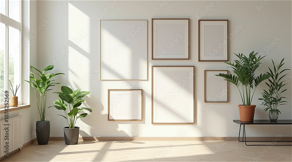 Fototapeta premium Cute picture frames and flower pots decorate the bright and cozy, naturally lit living room.