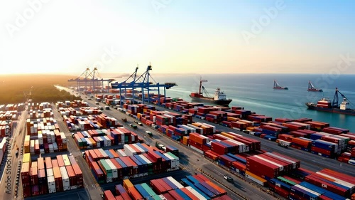 Cargo Ship with Colorful Containers at Container Terminal Port