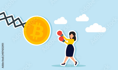 A businesswoman wearing gloves, ready to punch a bitcoin machine, illustration of disagreement with the bitcoin investment model