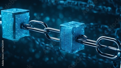 Glowing Data Cubes Connected by a Metal Chain on a Dark Background