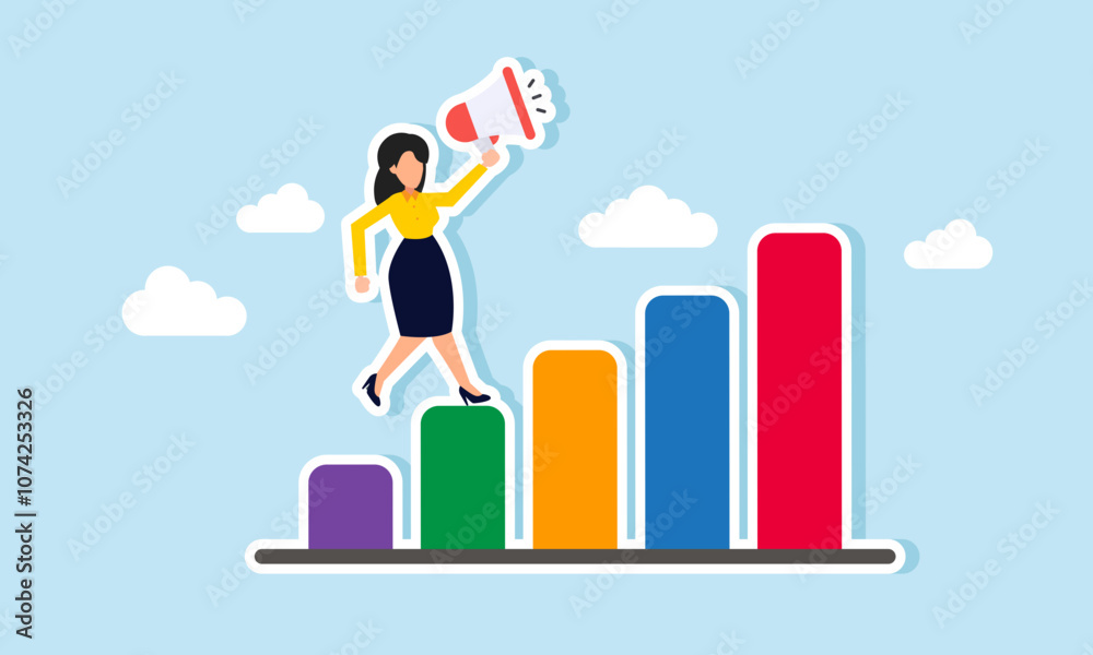 A businesswoman holding a megaphone standing on a graph, illustration of promoting and educating about business progress A businesswoman holding a megaphone standing on a graph, illustration of promoting and educating about business progress