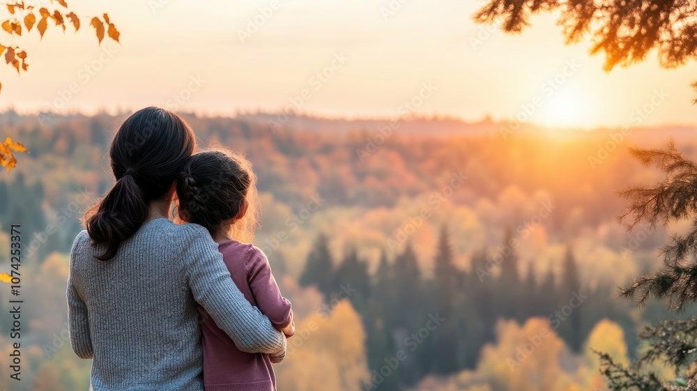 A mother and daughter enjoy a serene sunset in nature's embrace. A mother and daughter enjoy a serene sunset in nature's embrace.