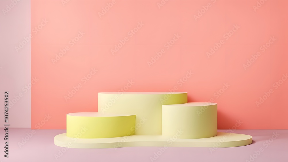 A minimalistic podium with smooth curved surfaces in pastel colors accented with pops of neon yellow, AI Generated A minimalistic podium with smooth curved surfaces in pastel colors accented with pops of neon yellow, AI Generated