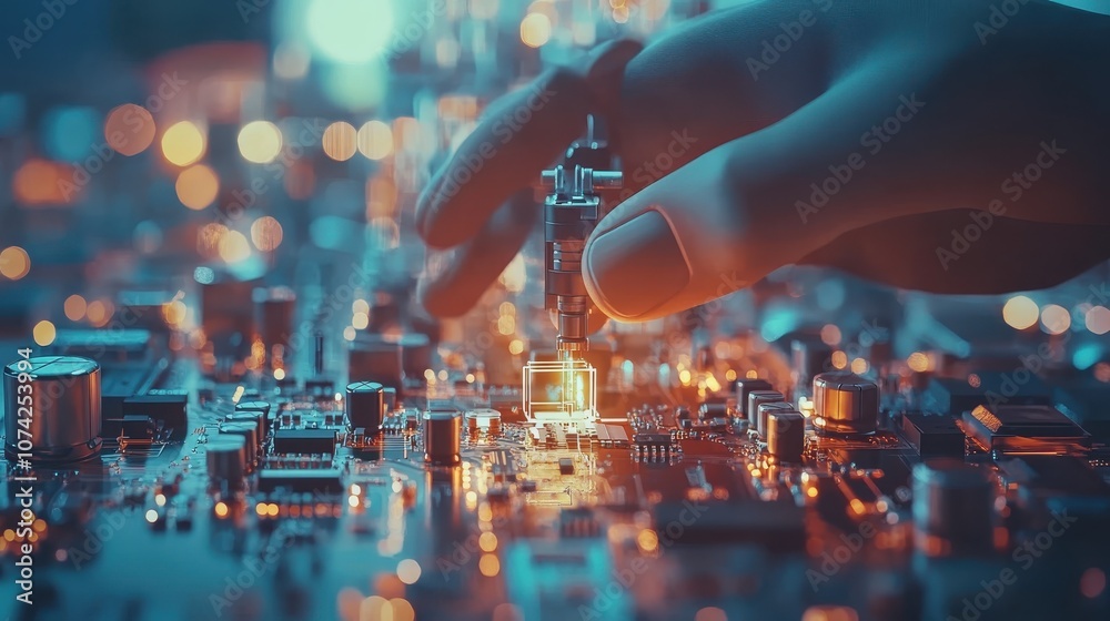 A close-up of a hand working on a circuit board with glowing components. A close-up of a hand working on a circuit board with glowing components.