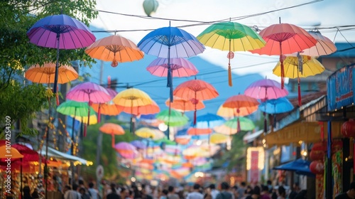 Wallpaper Mural Colorful Umbrellas Hanging Over a Busy Street Market Torontodigital.ca