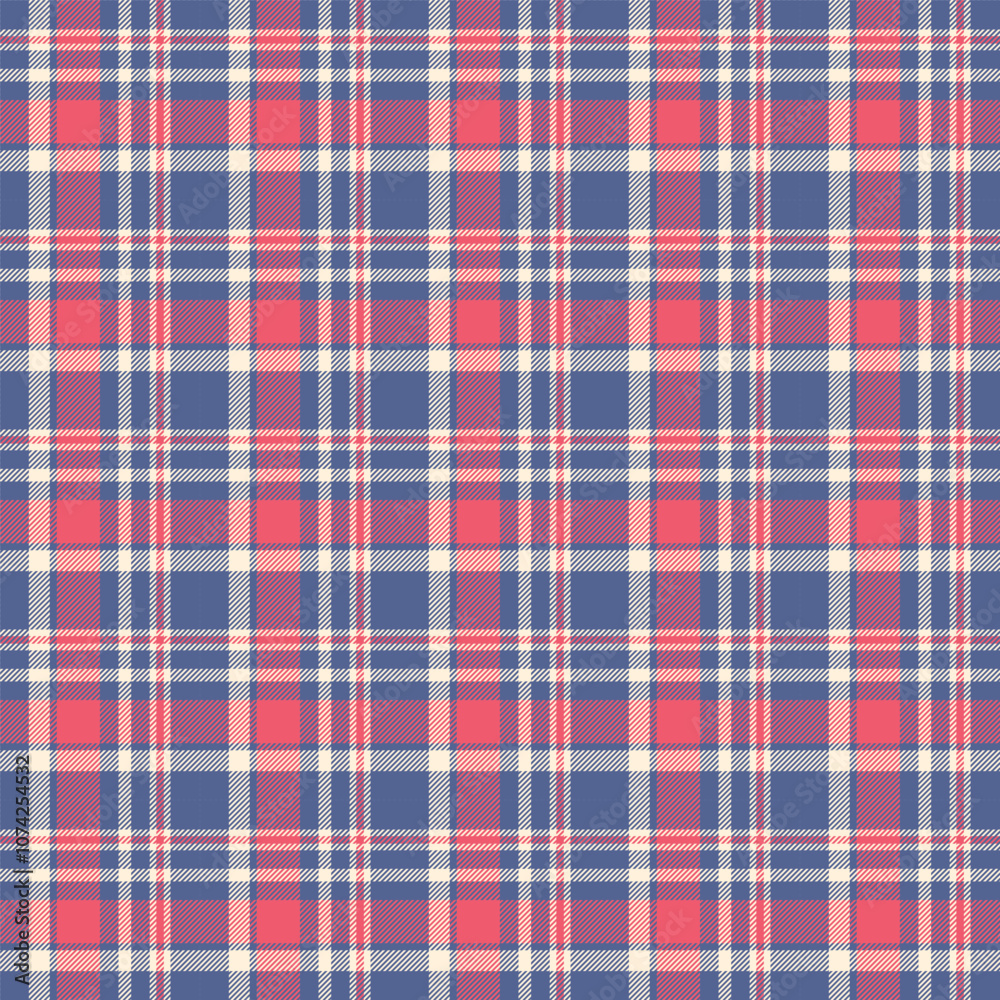 A classic plaid or tartan pattern with red, blue, and beige intersecting lines creates a grid-like design. The design has a balanced, uniform arrangement with alternating square sections. A classic plaid or tartan pattern with red, blue, and beige intersecting lines creates a grid-like design. The design has a balanced, uniform arrangement with alternating square sections.