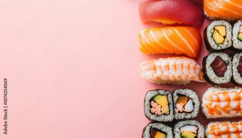 Sushi Rolls on Pink Background with Variety of Seafood and Avocado Sushi Rolls on Pink Background with Variety of Seafood and Avocado