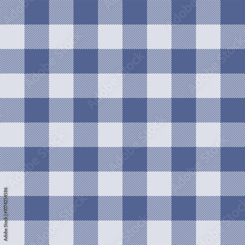 A gingham checkered pattern with alternating blue, and light blue squares. The design has a simple, rustic appeal, with evenly spaced blocks.