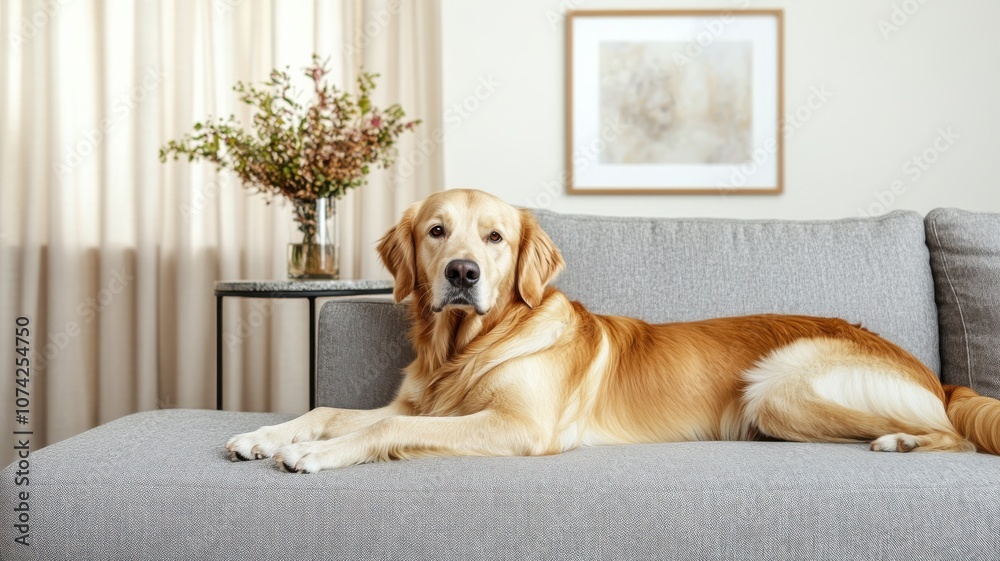 A relaxed golden retriever lounging on a stylish sofa indoors. A relaxed golden retriever lounging on a stylish sofa indoors.