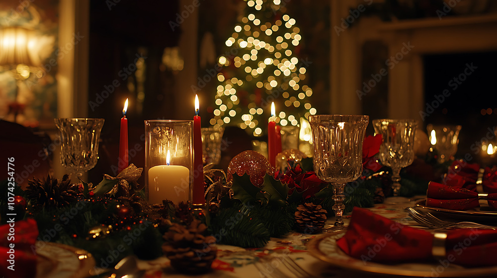 A festive dining table setup with candles, Christmas crackers, and a centerpiece of holly and pinecones, ready for a holiday feast 