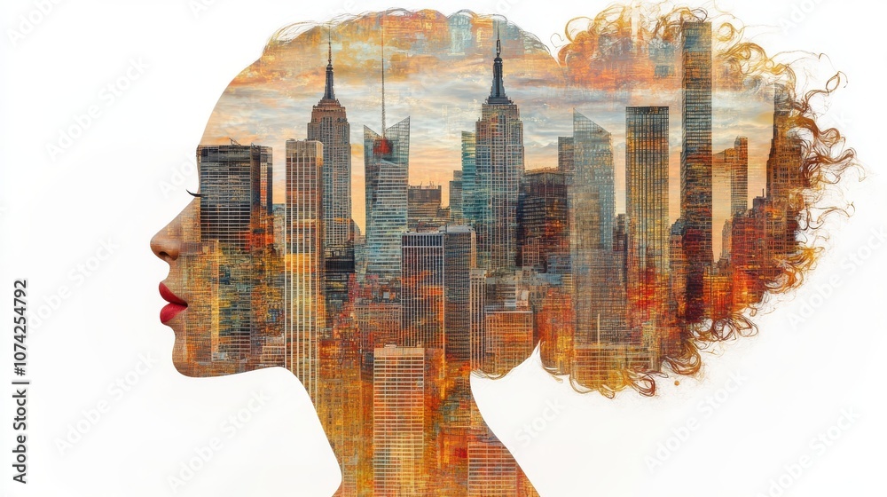 custom made wallpaper toronto digitalA creative portrait blending city skyline with a woman's silhouette, showcasing urban life.