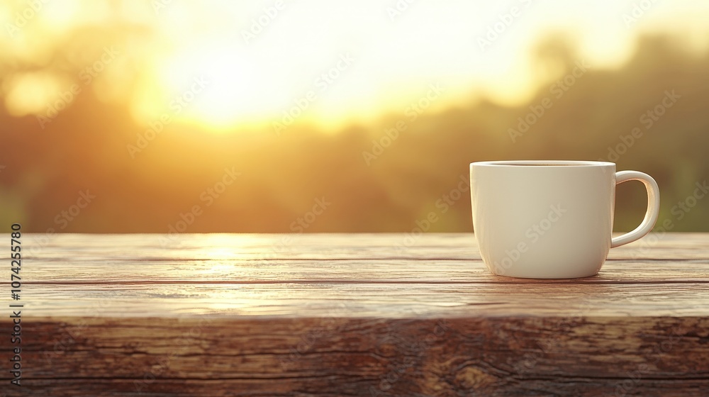 Morning Coffee on Rustic Wooden Table with Blurred Sunset Background Morning Coffee on Rustic Wooden Table with Blurred Sunset Background