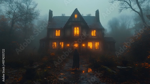 Eerie Ghostly House in an Abandoned Village Surrounded by Fog and Trees, with Glowing Windows and a Mysterious Figure in the Foreground