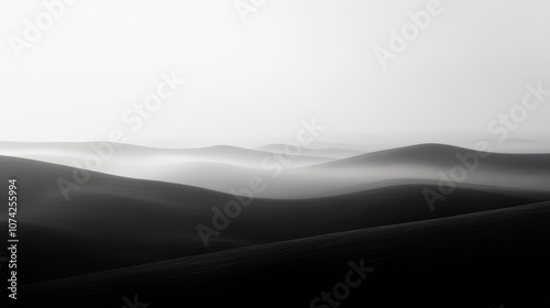 A black and white photograph of a desert landscape with fog rolling through the dunes.