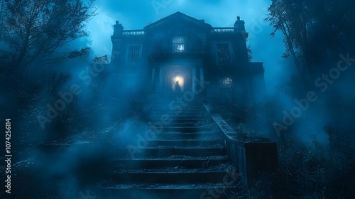 Eerie Haunted House with Broken Windows Surrounded by Fog at Night, Illuminated by Blue Light, Creating a Spooky Atmosphere, Ideal for Halloween Themes photo