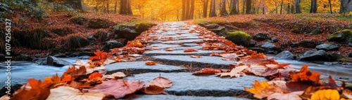 A serene path covered with autumn leaves in a forest setting.