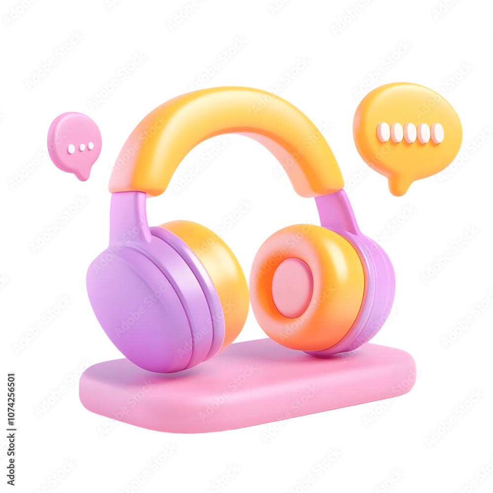 Fototapeta premium 3D Render of Pink and Yellow Headphones with Speech Bubbles