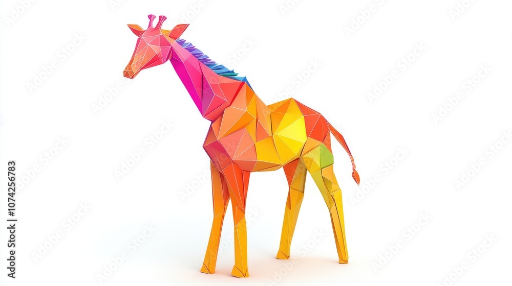 Obraz premium 2D cartoon illustration of an origami giraffe featuring vibrant colors and intricate paper folding design isolated on a white background