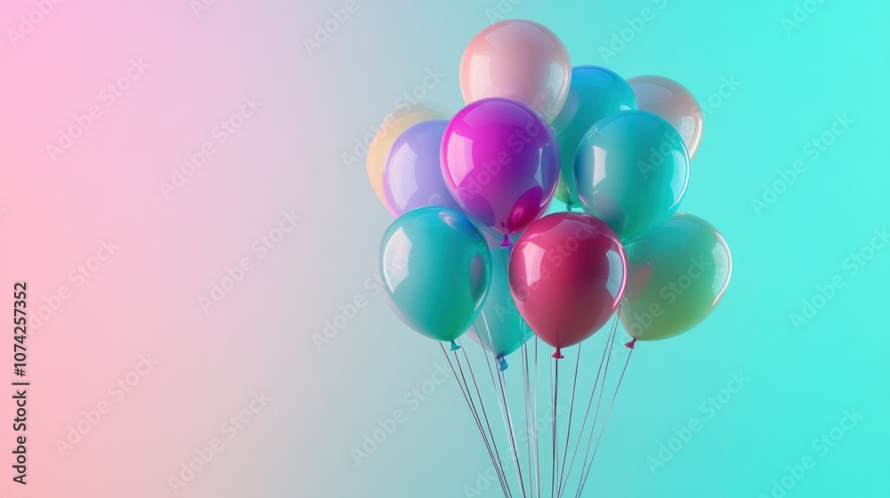 A joyful bunch of assorted balloons in vibrant hues like turquoise, fuchsia, and lime green, suspended against a dynamic, gradient-colored backdrop. A joyful bunch of assorted balloons in vibrant hues like turquoise, fuchsia, and lime green, suspended against a dynamic, gradient-colored backdrop.