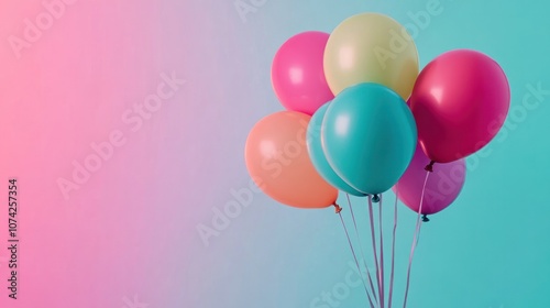 Wallpaper Mural A joyful bunch of assorted balloons in vibrant hues like turquoise, fuchsia, and lime green, suspended against a dynamic, gradient-colored backdrop. Torontodigital.ca