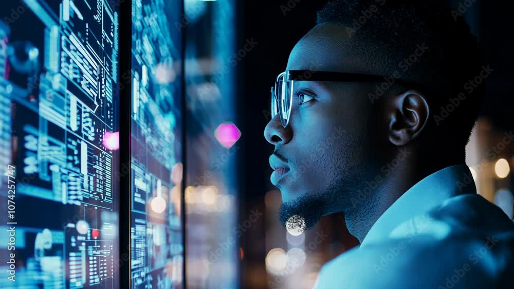 A man with glasses looks at a screen filled with data in a dark room A man with glasses looks at a screen filled with data in a dark room
