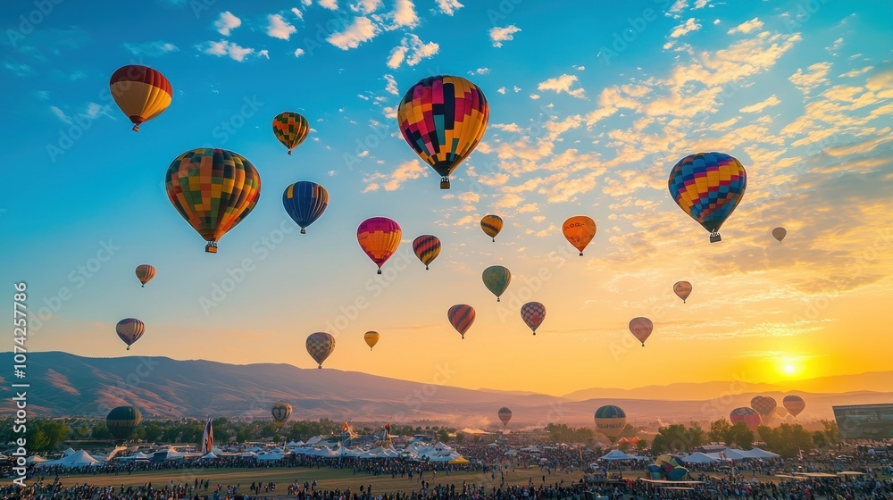 Obraz premium Colorful Hot Air Balloons Soaring Over a Crowd at Sunrise