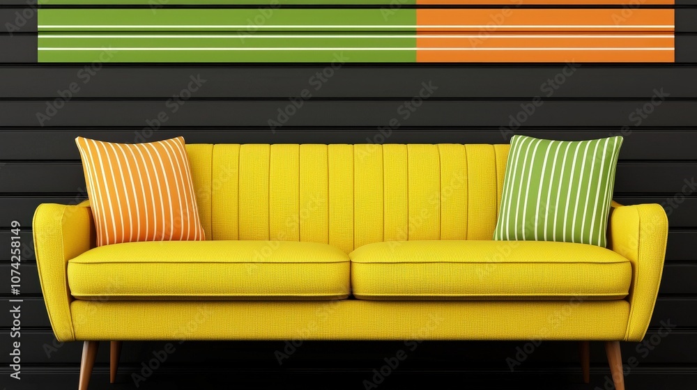 Modern Yellow Sofa with Green and Orange Pillows Against Black Wall Modern Yellow Sofa with Green and Orange Pillows Against Black Wall