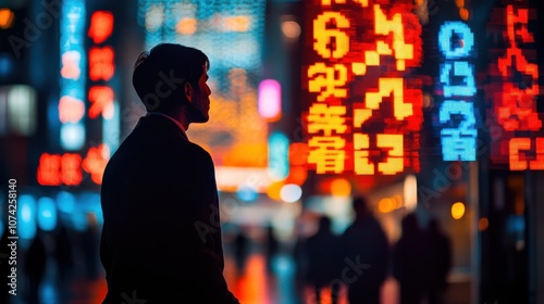 A silhouette of a businessman against vibrant neon signs in a bustling city.