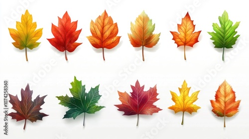 Vibrant autumn leaves in various colors set against a white background illustrated in a 2D cartoon style