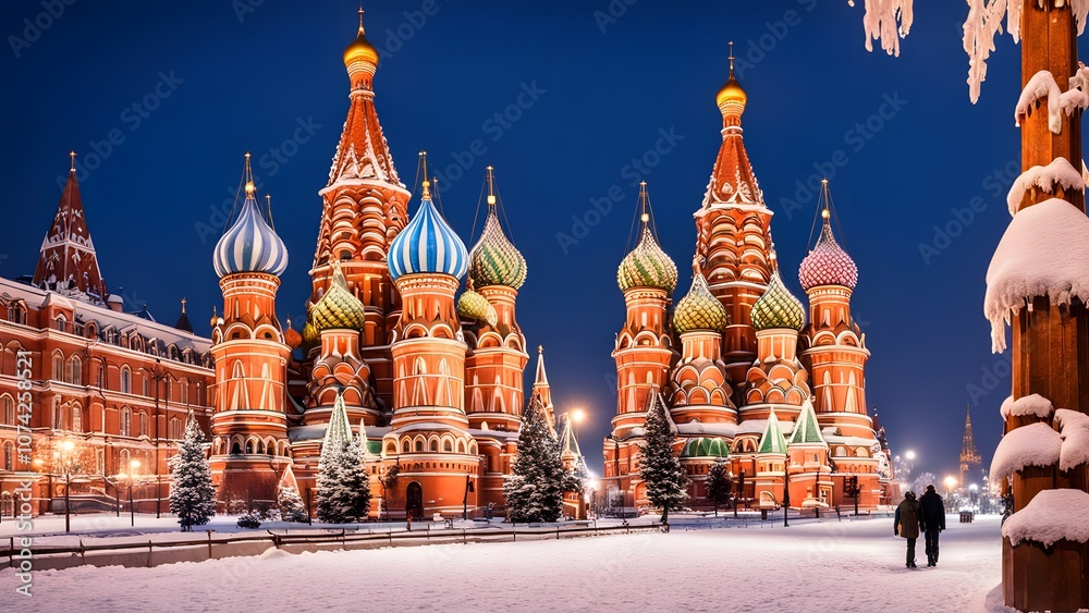 Obraz premium Russia a frosty winter scene with the colorful onion domes of st basils cathedral in Moscow, AI Generated