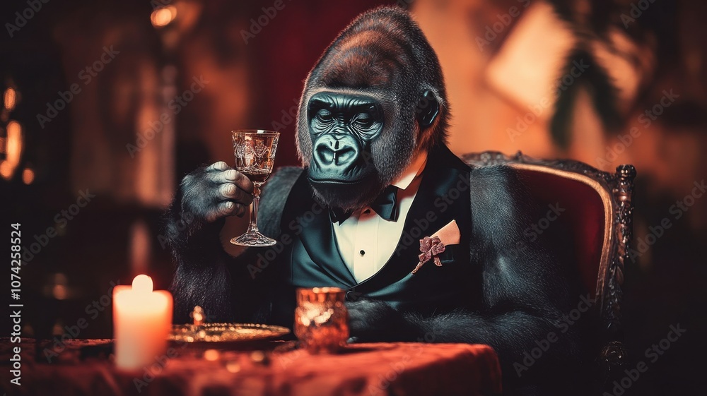 Fototapeta premium A sophisticated gorilla enjoying a lavish dinner setting.