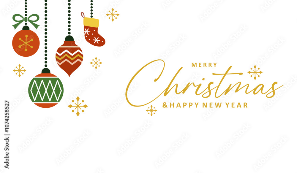 Naklejka premium Beautiful Merry Christmas Banner with Christmas Balls and Decoration Background Illustration. Merry Christmas Lettering. Trendy Festive Banner with Christmas Light Decoration.
