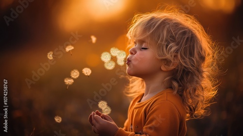 Young Girl Blowing Dandelion Seeds at Sunset