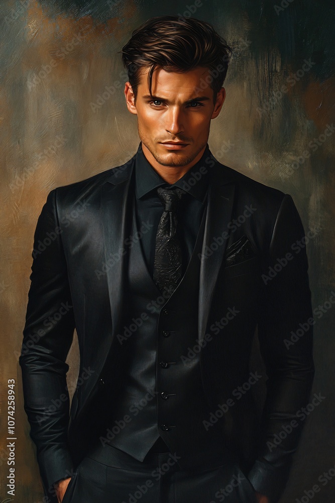 Fototapeta premium Illustration depicting a dark smart handsome man in a black suit 