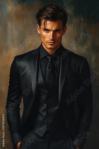 Illustration depicting a dark smart handsome man in a black suit
