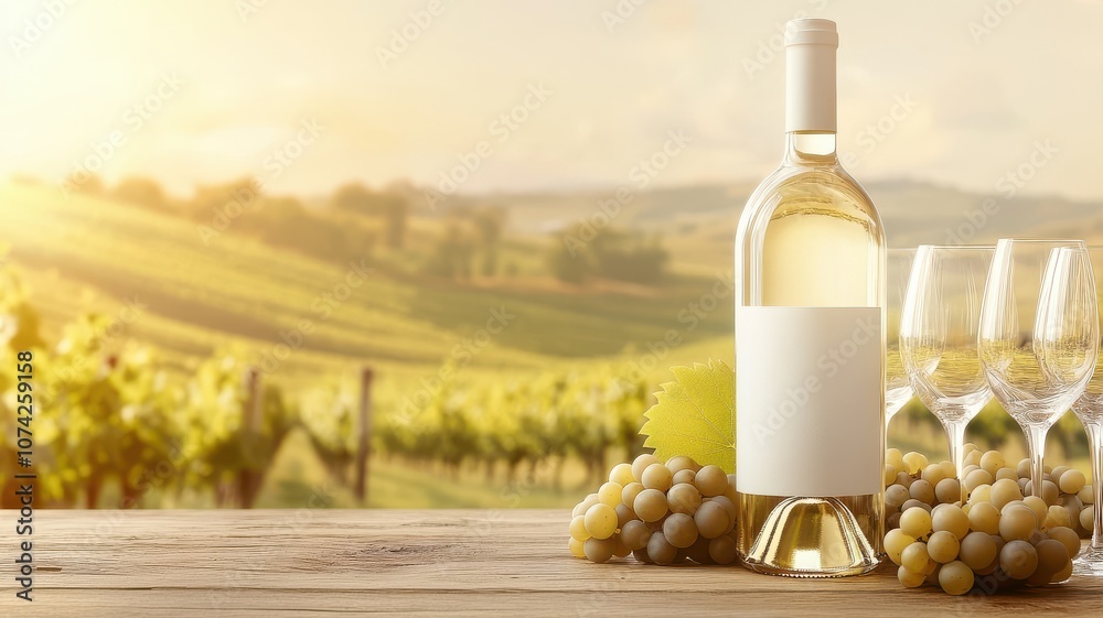 Fototapeta premium A stunning white wine display with grapes and glasses in sunlight.