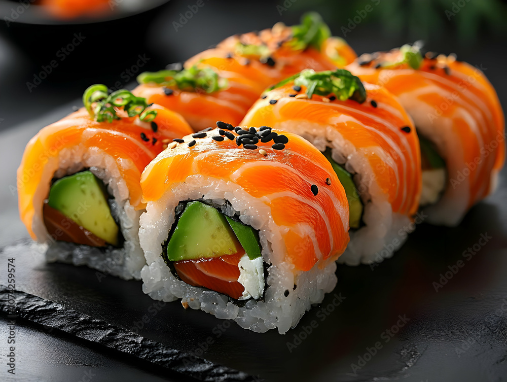 Delicious sushi rolls with fresh salmon and avocado, beautifully arranged for a delightful dining experience. Delicious sushi rolls with fresh salmon and avocado, beautifully arranged for a delightful dining experience.
