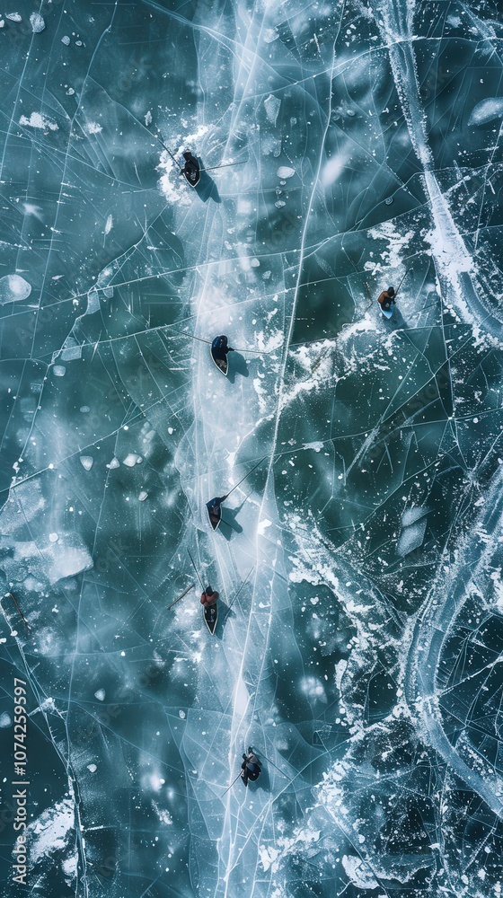 Obraz premium Aerial View of Ice Fishermen on Tranquil Frozen Lake