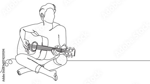 Minimalist line drawing of a person sitting playing an acoustic guitar