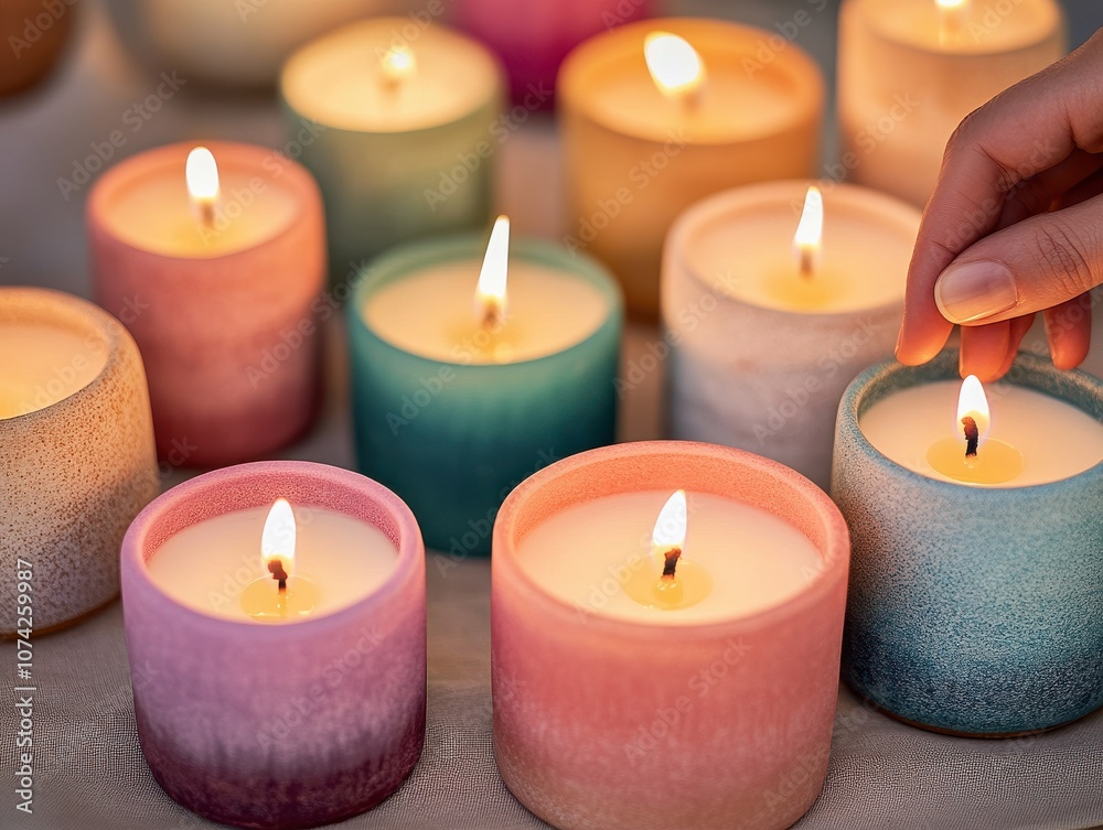 A tranquil scene of colorful candles being lit in a cozy setting. A tranquil scene of colorful candles being lit in a cozy setting.