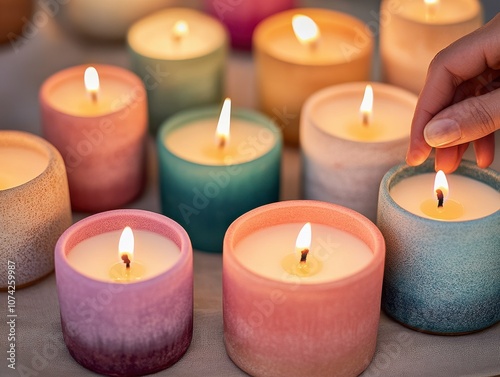 A tranquil scene of colorful candles being lit in a cozy setting.