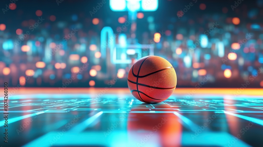 A vibrant basketball on an illuminated court at night. A vibrant basketball on an illuminated court at night.