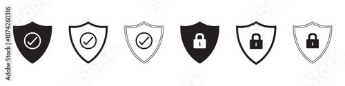 Set of security shield icons, security shield logotypes with check mark and padlock. Security shield symbols. Vector illustration.