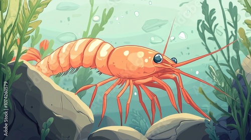 Hand drawn cartoon illustration of a shrimp in 2D style photo