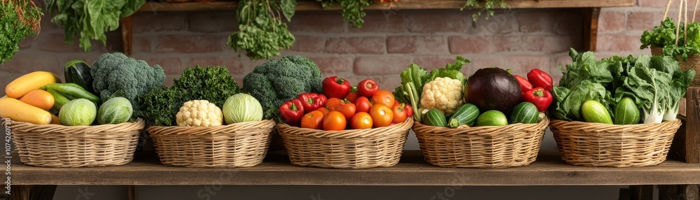 A vibrant display of fresh vegetables in woven baskets. A vibrant display of fresh vegetables in woven baskets.