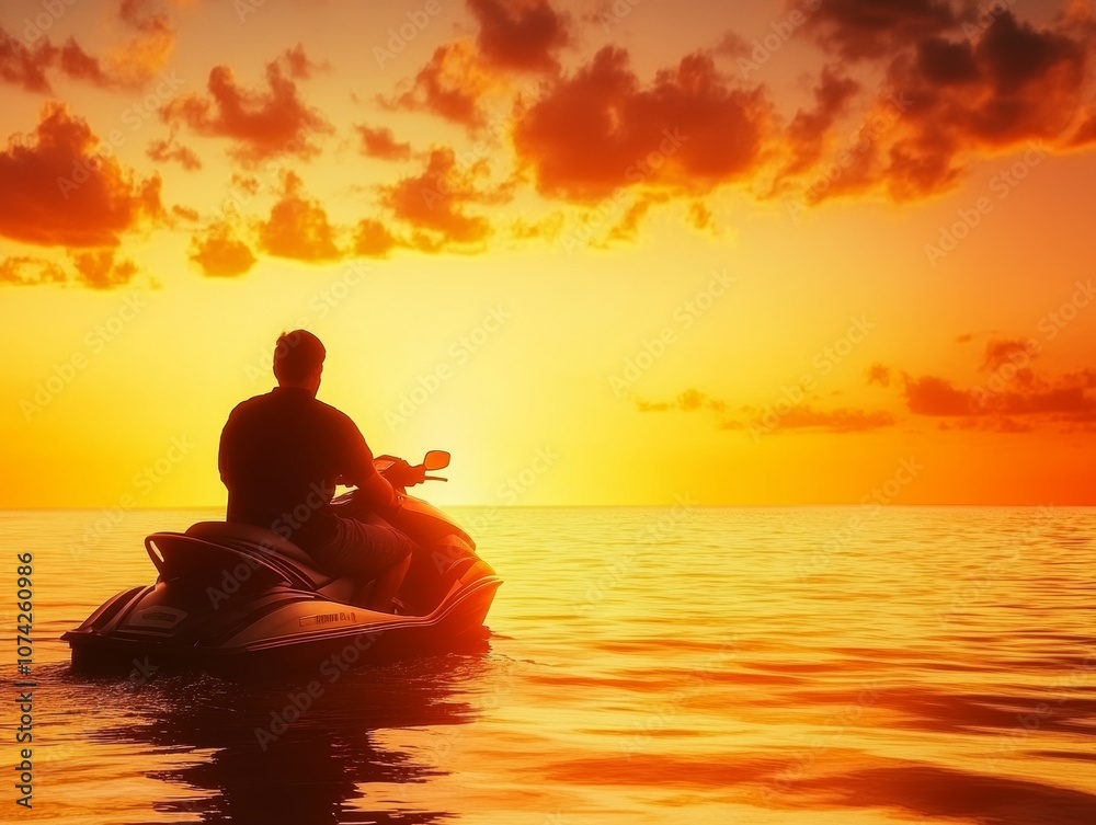 A person riding a jet ski at sunset over calm waters, creating a serene atmosphere. A person riding a jet ski at sunset over calm waters, creating a serene atmosphere.